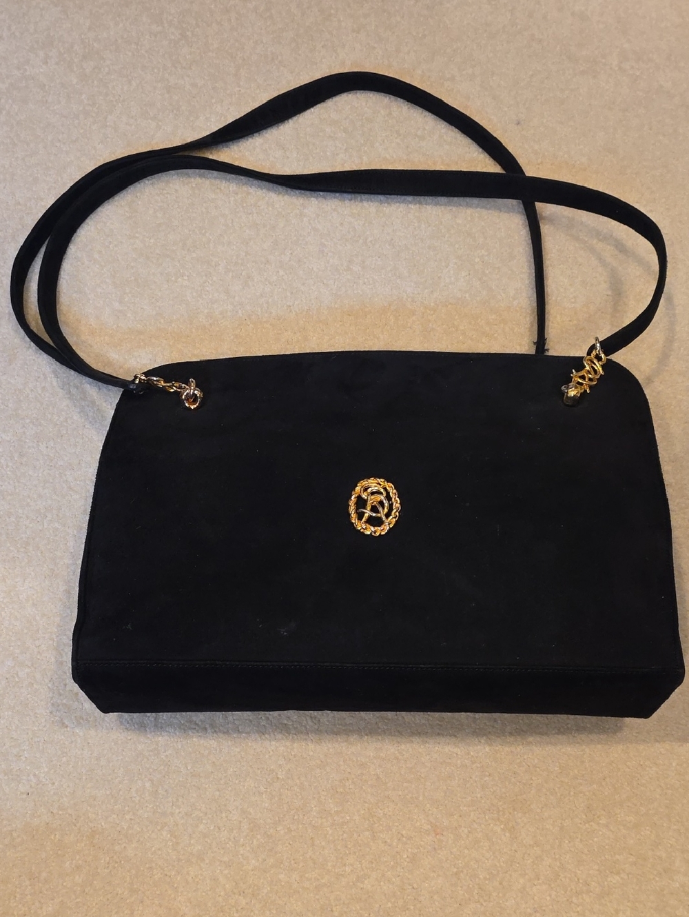 SONIA RYKIEL Vintage Black Suede Shoulder Bag with Gold Emblem